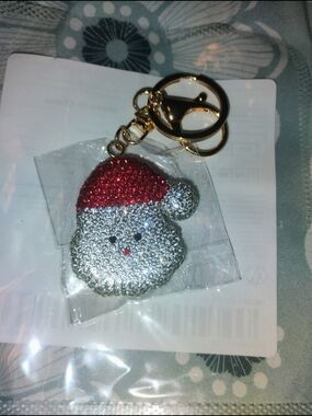 Sparkling Beaded Santa Keychain Charm - Red & Silver Face On Both Sides.